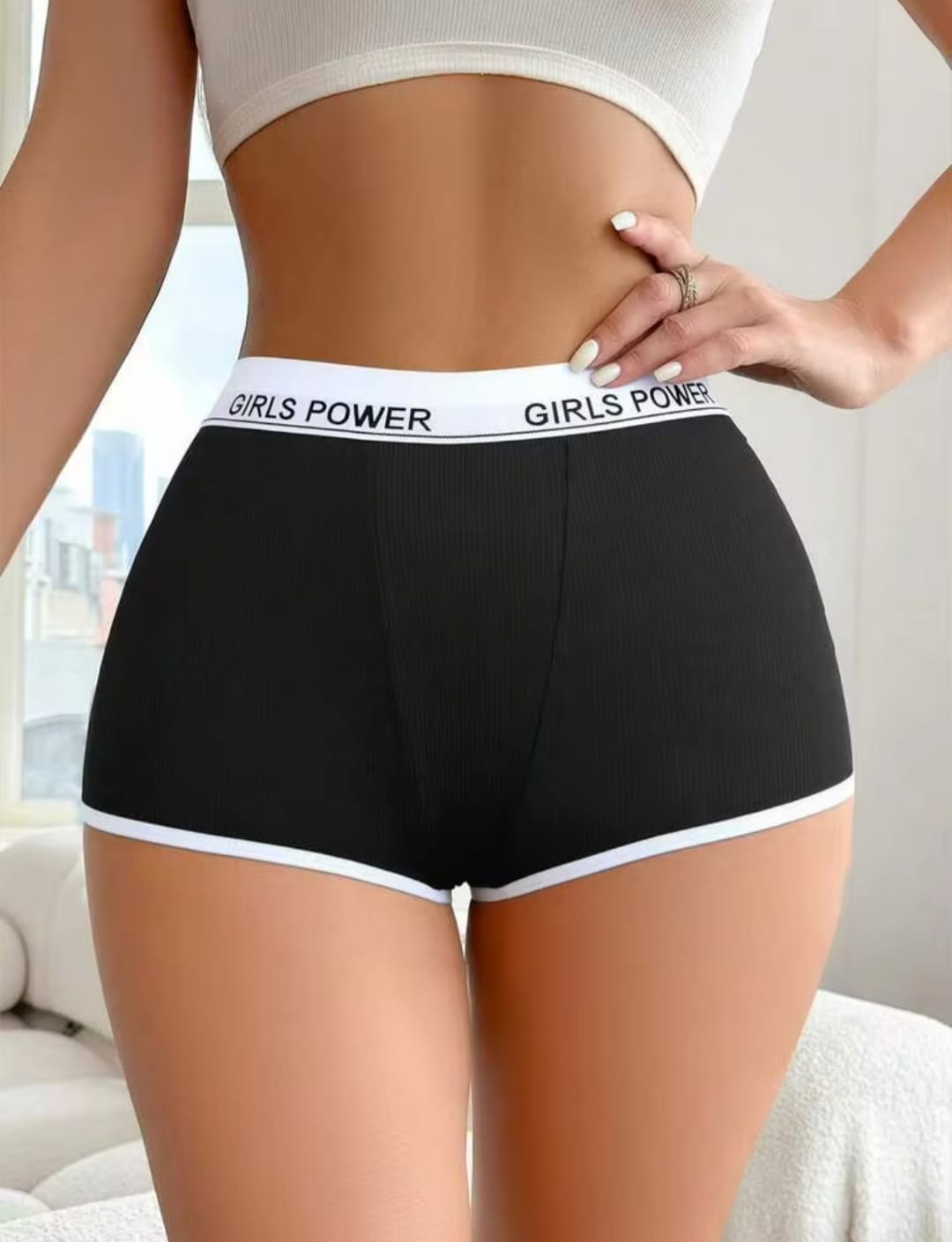 Women's "GIRLS POWER" Ribbed Elastic Waistband Boxer Shorts / Boybriefs - Grey